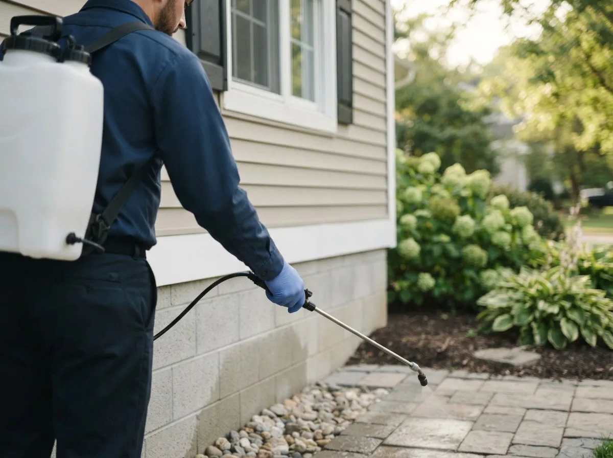 Pest control technician inspecting a home in Belva, WV